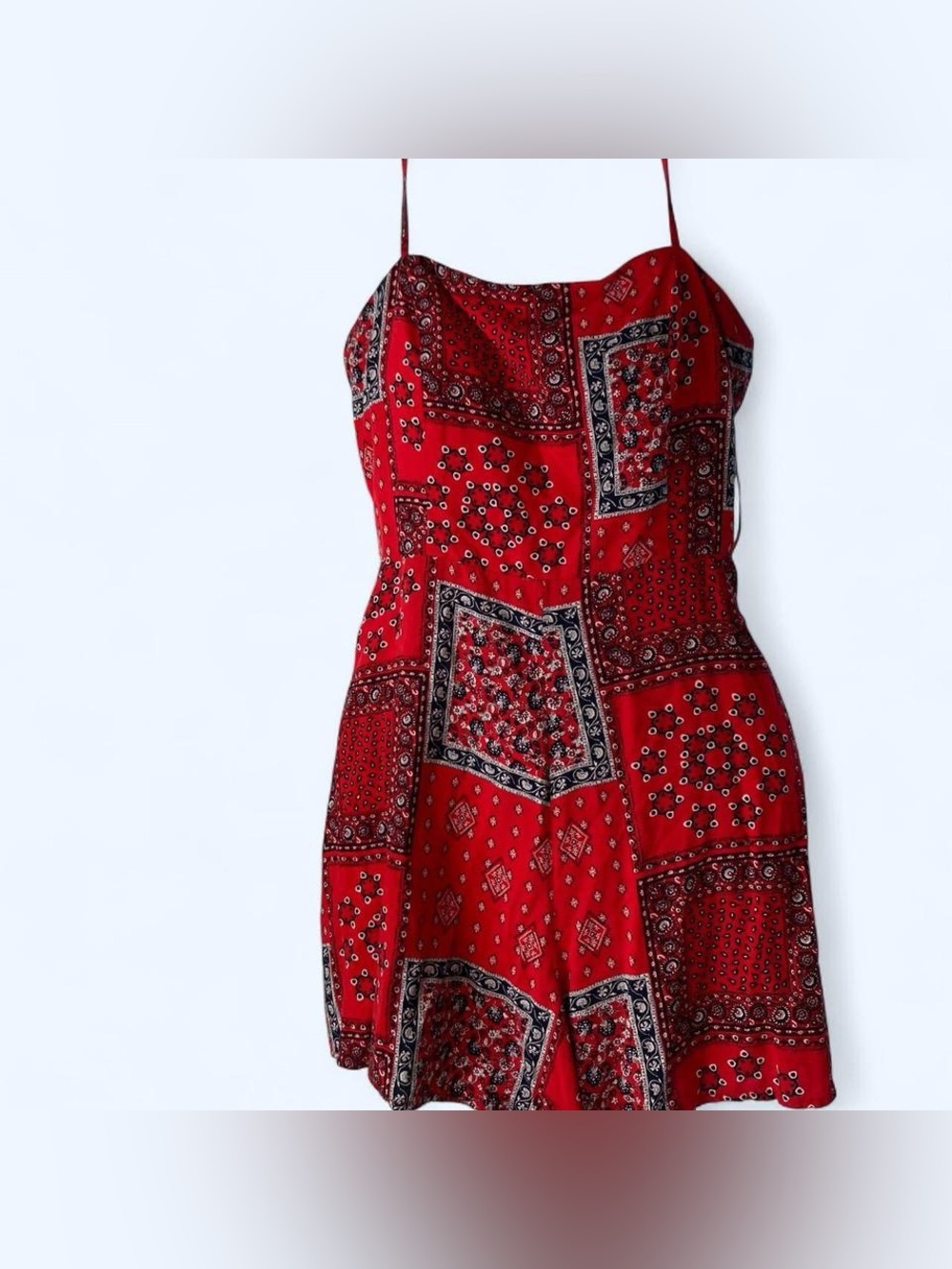 Francesca’s Red bandana print mini romper  w tie back detail L